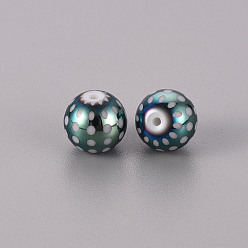 Green Plated Electroplate Glass Beads, Round with Dots Pattern, Green Plated, 10mm, Hole: 1.2mm