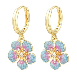 Pale Turquoise Brass Micro Pave Cubic Zirconia Hoop Dangle Earrings, with Enamel, Flower, Lead Free & Cadmium Free, Rack Plating, Long-Lasting Plated, Real 18K Gold Plated, Pale Turquoise, 30x15mm