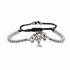 B0108 Platinum Colorful Zircon Micro Inlaid Tree of Life Bracelet with Copper Bead Weaving, Fashion Jewelry