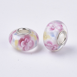 Coloré Perles européennes en lampwork faits à la main, fleur intérieure, Perles avec un grand trou   , avec noyaux simples en laiton plaqué couleur argent, rondelle, colorées, 14x7.5mm, Trou: 4mm