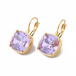 Lilac Glass Rectangle Leverback Earrings, Real 14K Gold Plated 304 Stainless Steel Jewelry, Lilac, 24x13.5x14mm, Pin: 0.8mm