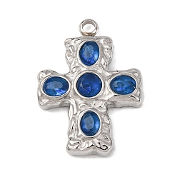 Морской Синий 304 микро нержавеющей стали прокладывать Цирконом подвески, крестик, цвет нержавеющей стали, Marine Blue, 24.5x18x4.5 мм, отверстие : 2 мм