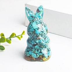 Synthetic Turquoise Resin Rabbit Display Decoration, with Gold Foil Synthetic Turquoise Chips inside Statues for Home Office Decorations, 40x40x73mm