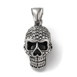 Crystal 304 Stainless Steel Pendants, with Rhinestone, Antique Silver, Skull Charm, Crystal, 27.5x13.5x16.5mm, Hole: 9x4mm
