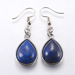 Lapis Lazuli Natural Lapis Lazuli Dangle Earrings, with Brass Earring Hooks, teardrop, Platinum, 48mm, Pin: 0.5mm