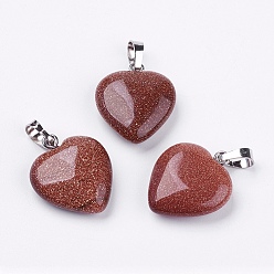 Goldstone Synthetic Goldstone Pendants, Heart, with Brass Findings, Platinum, 22~23x20~20.5x6~7.5mm, Hole: 5x8mm