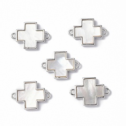 Platinum Brass Connector Charms, with Freshwater Shell, Nickel Free, Religion Cross Links, Platinum, 12.5x17.5x2.5mm, Hole: 1.4mm