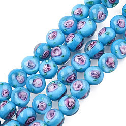Deep Sky Blue Handmade Lampwork Beads Strands, Round with Flower, Deep Sky Blue, 9.5mm, Hole: 1.5mm, about 50pcs/strand, 18.90 inch(48cm)
