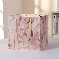 Pink Marble Pattern Kraft Paper Bags, with Ribbon Handles, Gift Bags, Shopping Bags, Square, Pink, 20x20x20cm