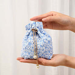 Light Sky Blue Fiber Embossed Flower Drawstring Candy Bags, with Chain, Wedding Candy Cloth Pouches, Square, Light Sky Blue, 15x15cm