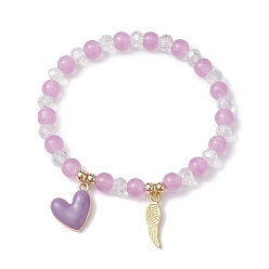 Plum Glass Round Beaded Stretch Bracelets, with Alloy Wing & 304 Stainless Steel Heart Charms, Plum, Inner Diameter: 2-1/8 inch(5.4cm)