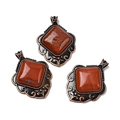 Красный Камень Подвески в виде ромбов из натуральной красной яшмы, с винтажной латунной рамкой красного медного оттенка, 40~40.5x29~29.5x7.5 мм, отверстие : 5x3.5 мм