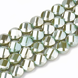 Olive Drab Electroplate Opaque Solid Color Glass Beads Strands, Faceted, Flat Round, Olive Drab, 7~8x8x5mm, Hole: 1.2mm, about 69~70pcs/strand, 20~21 inch