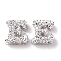 Letter E 925 Sterling Silver Micro Pave Cubic Zirconia Beads, Real Platinum Plated, Letter E, 9x8.5x3.5mm, Hole: 2.5x1.5mm