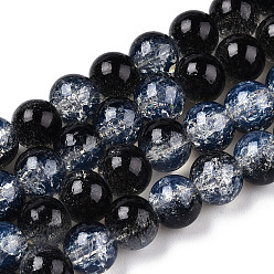 Black Transparent Crackle Baking Painted Glass Beads Strands, Imitation Opalite, Round, Black, 8.5x7.5mm, Hole: 1.5mm, about 107~109pcs/strand, 30.71 inch~31.30 inch(78~79.5cm)