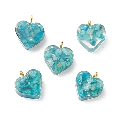 Темно-бирюзовый Подвески из прозрачной смолы, окрашенные натуральным кальцитом, с золотыми тонами латунных петель, шарма сердца, темные бирюзовый, 16.5x15.5x6~6.5 мм, отверстие : 2 мм