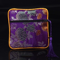 Purple Square Chinese Style Cloth Tassel Bags, with Zipper, for Bracelet, Necklace, Purple, 11.5x11.5cm