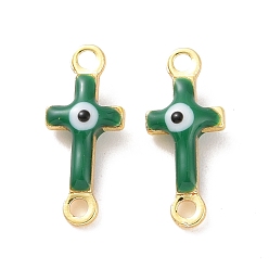Green Brass Enamel Connector Charms, Real 18K Gold Plated, Religion Cross with Evil Eye Pattern, Green, 5.5x13x3mm, Hole: 1.2mm