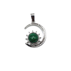 Malachite Synthetic Malachite Pendants, Antique Silver Plated Alloy Moon with Sun Charms, 28x22mm