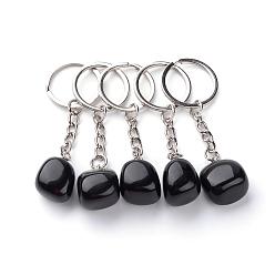 Obsidian Natural Obsidian Keychain, with Iron Findings, Platinum, 85~94mm