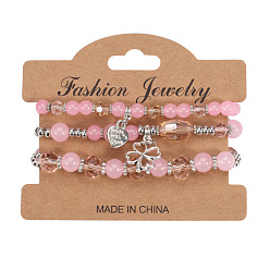 HY-2831-C Pink Bohemian Leaf Heart Charm Bracelet with Multi-layer Glass Bead Bangle and Yearly Chain