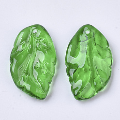 Green Transparent Spray Painted Glass Pendants, Leaf, Green, 27.5x15~17x3.5~4.5mm, Hole: 1.4mm