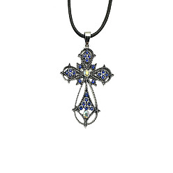 Capri Blue Cross Zinc Alloy Pendant Necklace, with Rhinestone, Capri Blue, 19.69 inch(50cm)