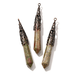 Унакит Большие подвески из натурального унакита с острым носком, граненые брелоки-пули с латунной фурнитурой, Красная медь, без кадмия и без свинца, 77~84x12 мм, отверстие : 2.5 мм