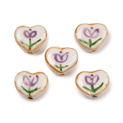 Фиолетовый Фарфоровые бусины ручной работы, Сердце & цветок, пастельный фарфор, фиолетовые, 12~13x14.5~15x6.5~7 мм, отверстие : 1.8 мм