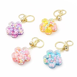 Mixed Color Acrylic Flower Keychain, with Zinc Alloy Lobster Claw Clasps, Iron Key Ring and Brass Bell, Mixed Color, 11.5cm