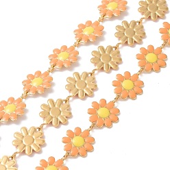Saumon Clair 304 chaînes à maillons de fleurs de marguerite en acier inoxydable avec émail, non soudée, or, saumon clair, 14x10x1mm