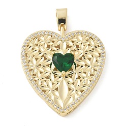 Зеленый Латунные микро проложить кубического циркония подвески, сердце, стойки покрытие, долговечный, без свинца и без кадмия, реальный 18 k позолоченный, зелёные, 41.5x31x5.5 мм, отверстие : 5.5x3 мм