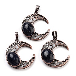 Синий Драгоценный Камень Синтетический синий авантюрин подвески, с красной медью, луна, 34x30x9~9.5 мм, отверстие : 5x8 мм