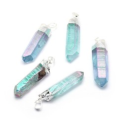 Medium Turquoise Faceted Natural Quartz Crystal Pointed Pendants, with Brass Finding, AB Color Plated, Bullet, Silver Color Plated, Medium Turquoise, 42~49x10~13x8~11mm, Hole: 5x8mm
