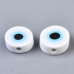 White Handmade Polymer Clay Beads, Flat Round with Evil Eye, White, 9~10x3.5~4.5mm, Hole: 1.5mm