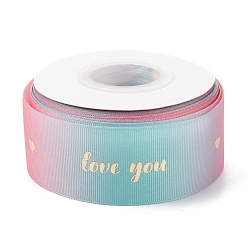 Colorful Gradient Polyester Grosgrain Ribbon, Single Face Printed, Word Love You Pattern, for Gift Wrapping, Wedding Decoration, Colorful, 1-1/2 inch(38mm), about  25 yards/roll(22.86m/roll)