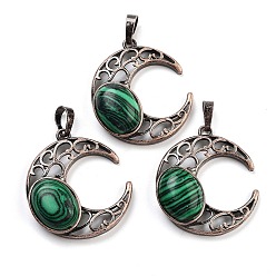 Малахит Синтетического малахита подвески, с красной медью, луна, 34x30x9~9.5 мм, отверстие : 5x8 мм