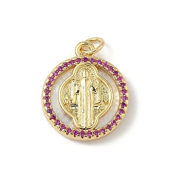 Фиолетовый Латунь микропаве фианиты с подвесками-ракушками, плоские круглые с святым Бенедиктом, долговечный, без свинца и без кадмия, стойки покрытие, с целью перехода в кольце, реальный 18 k позолоченный, фиолетовые, 19.5x17x3.5 мм, отверстие : 3 мм