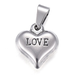 Stainless Steel Color Valentine's Day 201 Stainless Steel Charms, Heart with Word Love, Stainless Steel Color, 13x11.5x4mm, Hole: 4.5x3mm