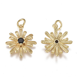 Black Brass Micro Pave Cubic Zirconia Pendants, with Jump Ring, Long-Lasting Plated, Flower, Real 18K Gold Plated, Black, 17x15x3mm, Hole: 3mm