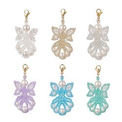 Mixed Color Angel Glass Pendants Decorations, with Seed Beads, Shell Pearl and 304 Stainless Steel Lobster Claw Clasps, Mixed Color, 55x25x7.5mm
