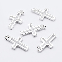 Silver 925 Sterling Silver Pendants, Cross Charms, with 925 Stamp, Silver, 12.5x7x1.4mm, Hole: 1.8mm