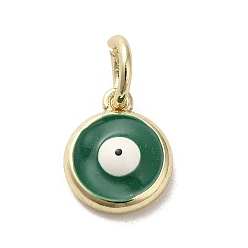 Green Brass Enamel Charms, with Jump Ring, Real 18K Gold Plated, Flat Round with Evil Eye Charm, Green, 11x9x3.5mm, Hole: 3.6mm