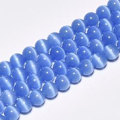Bleu Bleuet Perles oeil de chat, ronde, bleuet, 8mm, Trou: 1.2mm, Environ 50 pcs/chapelet, 15.5 pouce