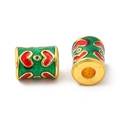 Green Alloy Enamel Beads, Rack Plating, Column with Heart Pattern, Matte Gold Color, Green, 10x7.5mm, Hole: 3mm