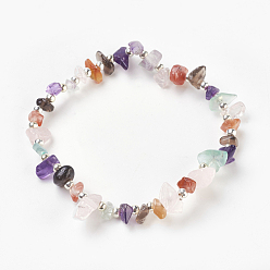 Mixed Stone Natural & Synthetic Gemstone Bead Bracelets, with Iron Round Bead and Korean Elastic Threads, Platinum, 50mm