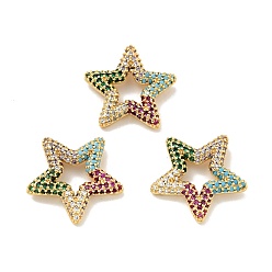 Colorful Rack Plating Brass Micro Pave Cubic Zirconia Linking Rings, Long-Lasting Plated, Cadmium Free & Lead Free, Star, Golden, Colorful, 22.5x24x4mm, Inner Diameter: 8.5x10mm