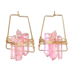 Pink Electroplated Natural Quartz Wire Wrapped Earrings for Girl Women, Golden Trapezoid Brass Hoop Earrings, Pink, 36~40x25x10~13mm, Pin: 0.7mm