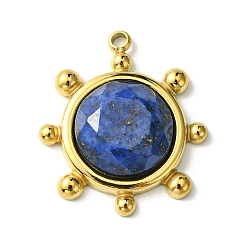 Lapis Lazuli Ion Plating(IP) 304 Stainless Steel Pave Faceted Natural Lapis Lazuli Pendants, Granulated Flat Round Charms, Real 14K Gold Plated, 19.5x17x4.5~6mm, Hole: 1.5mm