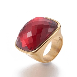 Red Ion Plating(IP) 304 Stainless Steel Finger Rings, with Faceted Glass, Red, Size 6~9, 16~19mm